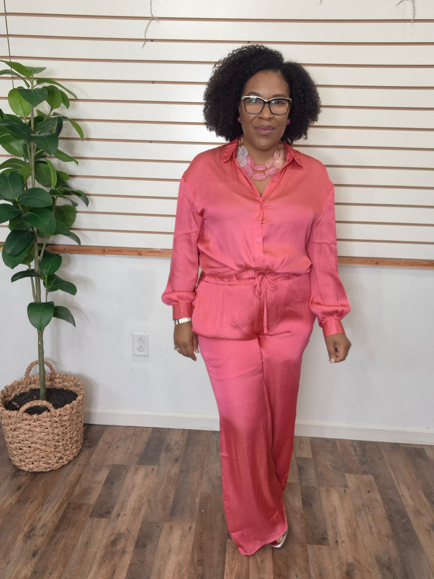 Pink Satin Pants Set