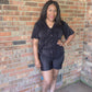 Trendy Crinkled Button-Up Short Sleeve Top and Shorts Set: BLACK