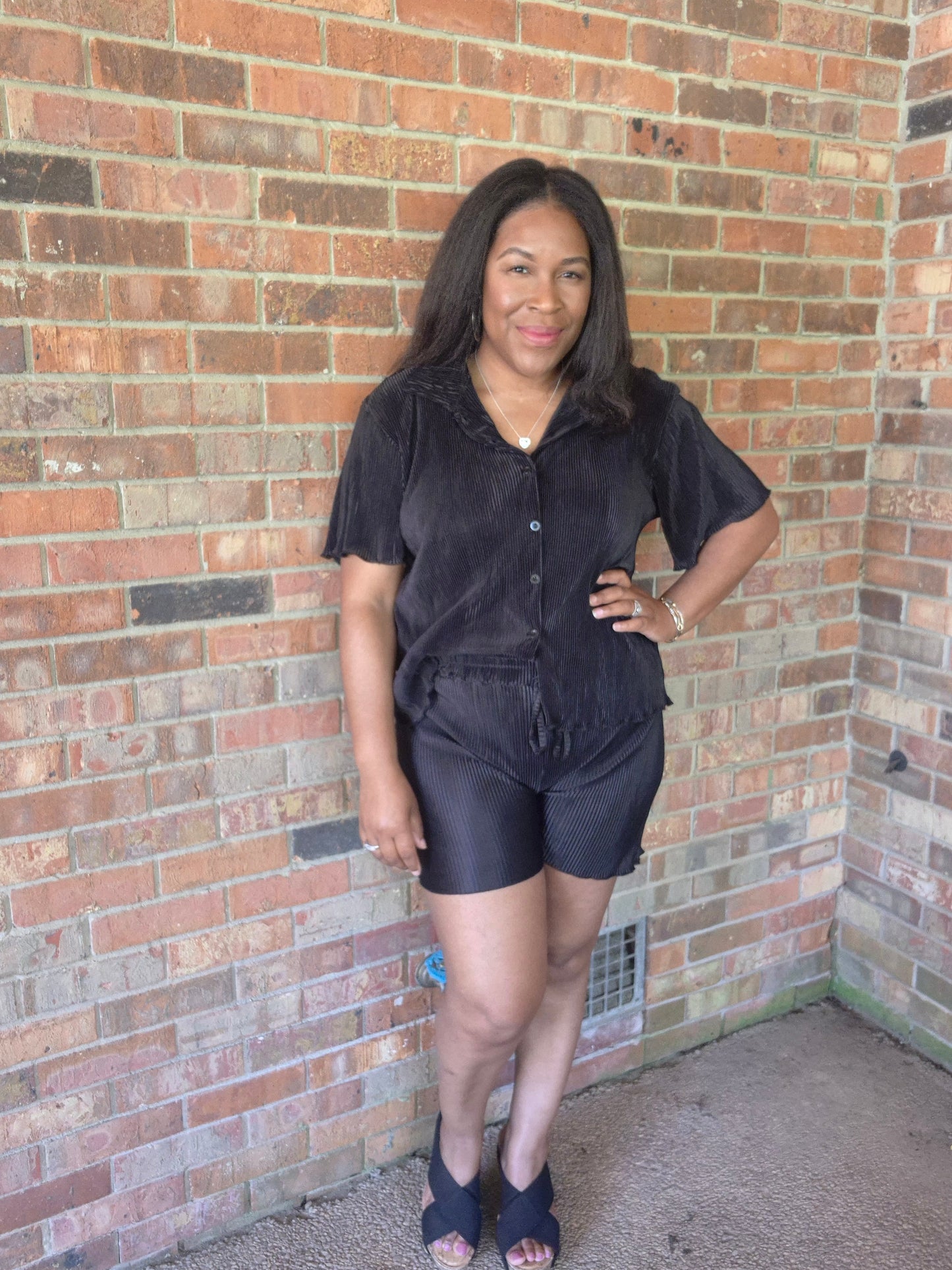 Trendy Crinkled Button-Up Short Sleeve Top and Shorts Set: BLACK