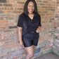 Trendy Crinkled Button-Up Short Sleeve Top and Shorts Set: BLACK