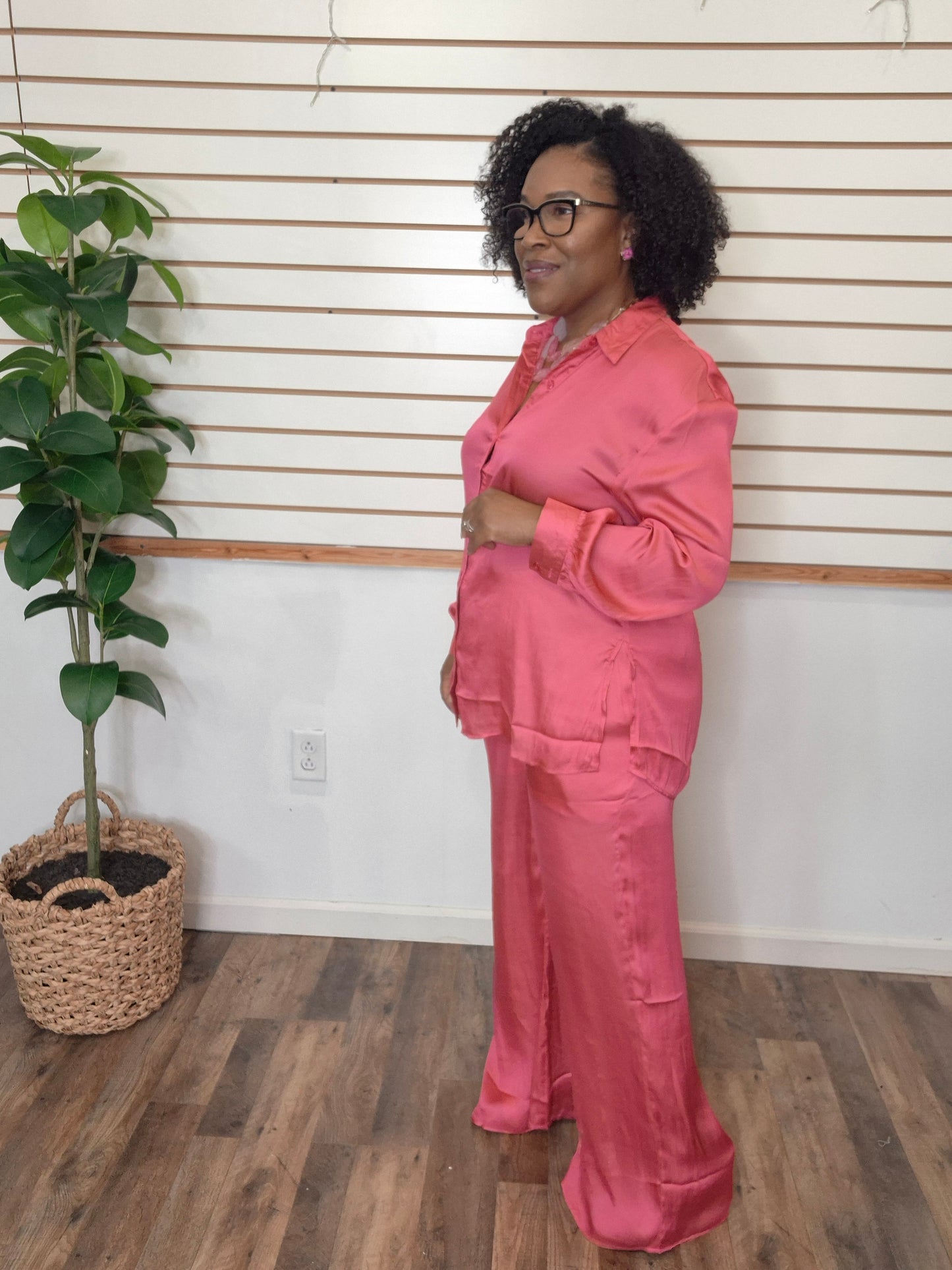 Pink Satin Pants Set