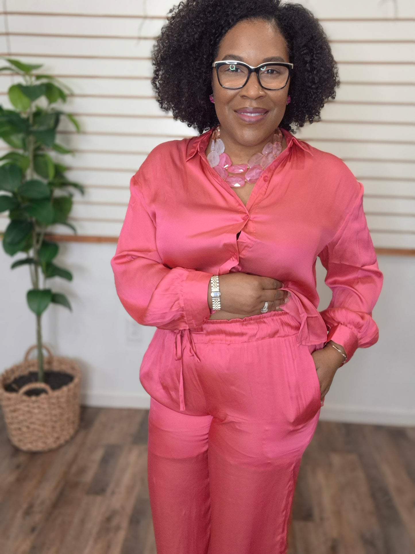 Pink Satin Pants Set