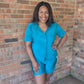 Trendy Crinkled Button-Up Short Sleeve Top and Shorts Set: PEACOCK BLUE
