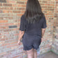 Trendy Crinkled Button-Up Short Sleeve Top and Shorts Set: BLACK