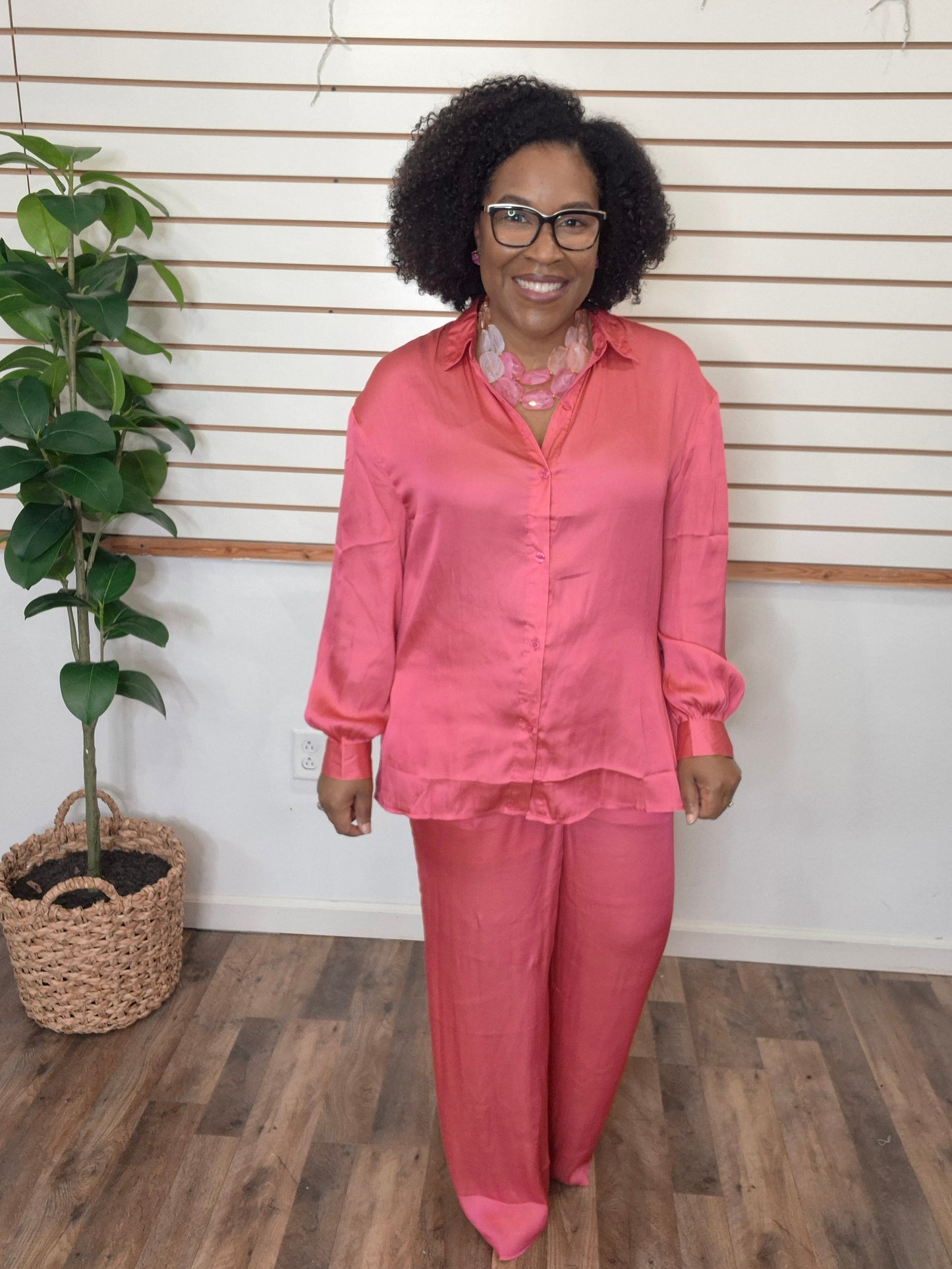 Pink Satin Pants Set