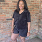 Trendy Crinkled Button-Up Short Sleeve Top and Shorts Set: BLACK