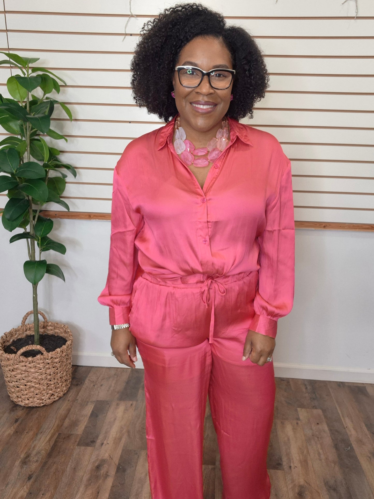 Pink Satin Pants Set
