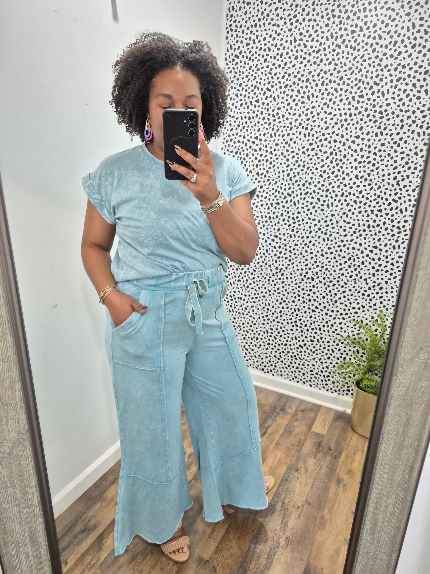 Teal Acid Wash Flare Set