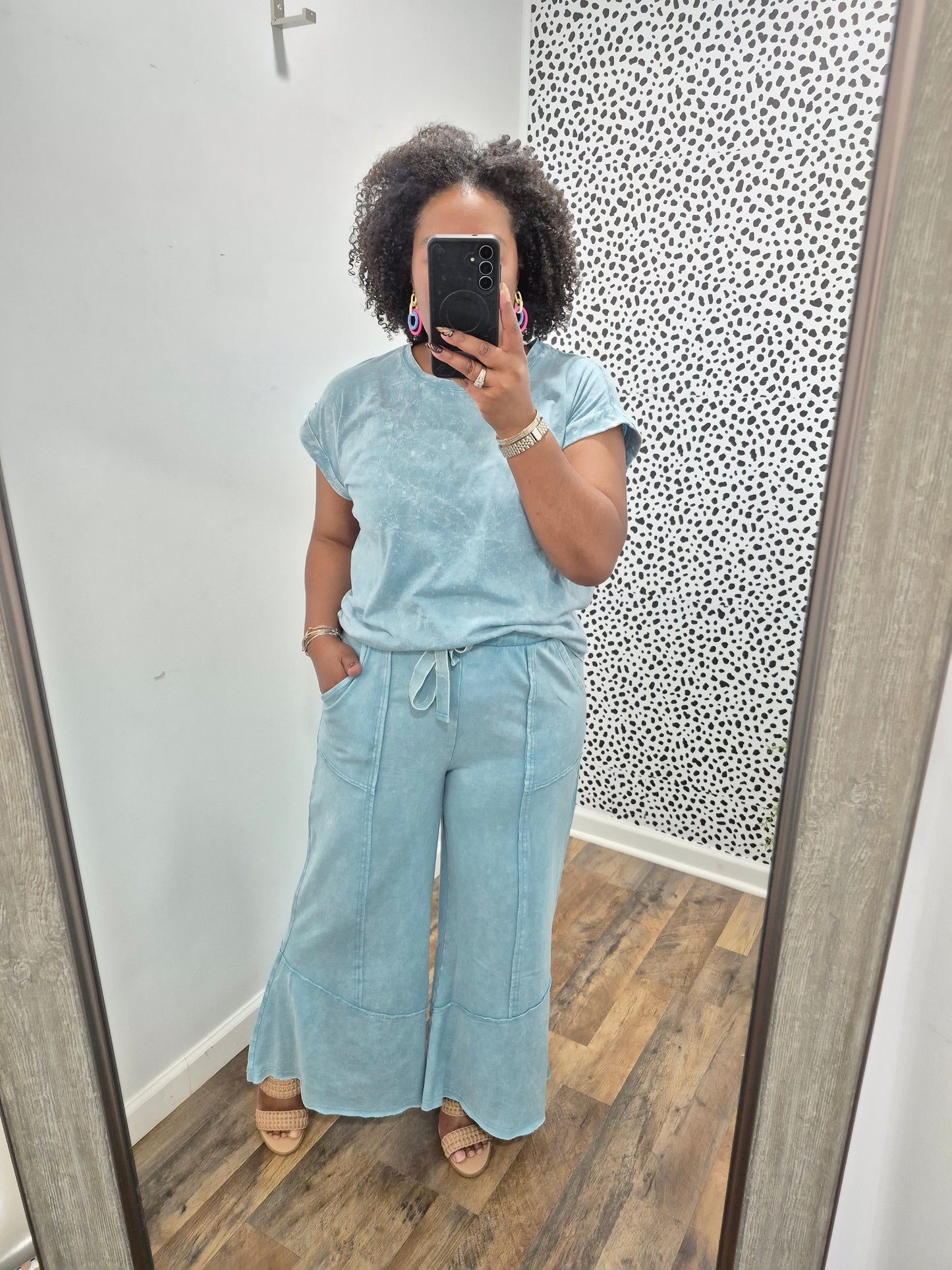 Teal Acid Wash Flare Set