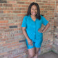 Trendy Crinkled Button-Up Short Sleeve Top and Shorts Set: PEACOCK BLUE