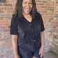 Trendy Crinkled Button-Up Short Sleeve Top and Shorts Set: BLACK