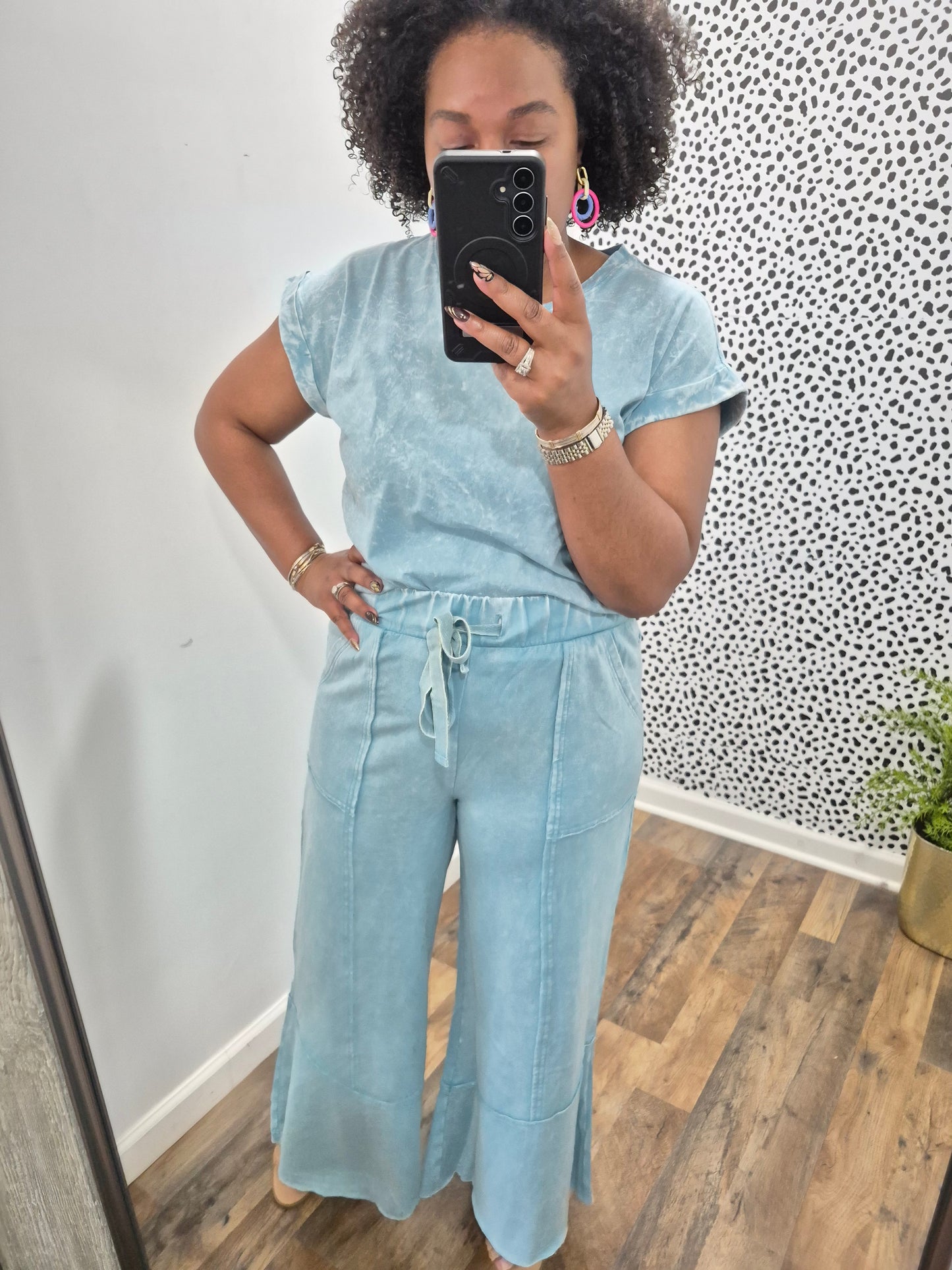 Teal Acid Wash Flare Set