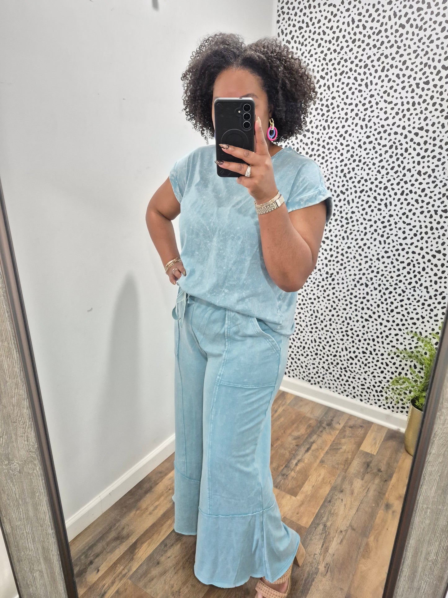 Teal Acid Wash Flare Set