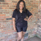 Trendy Crinkled Button-Up Short Sleeve Top and Shorts Set: BLACK