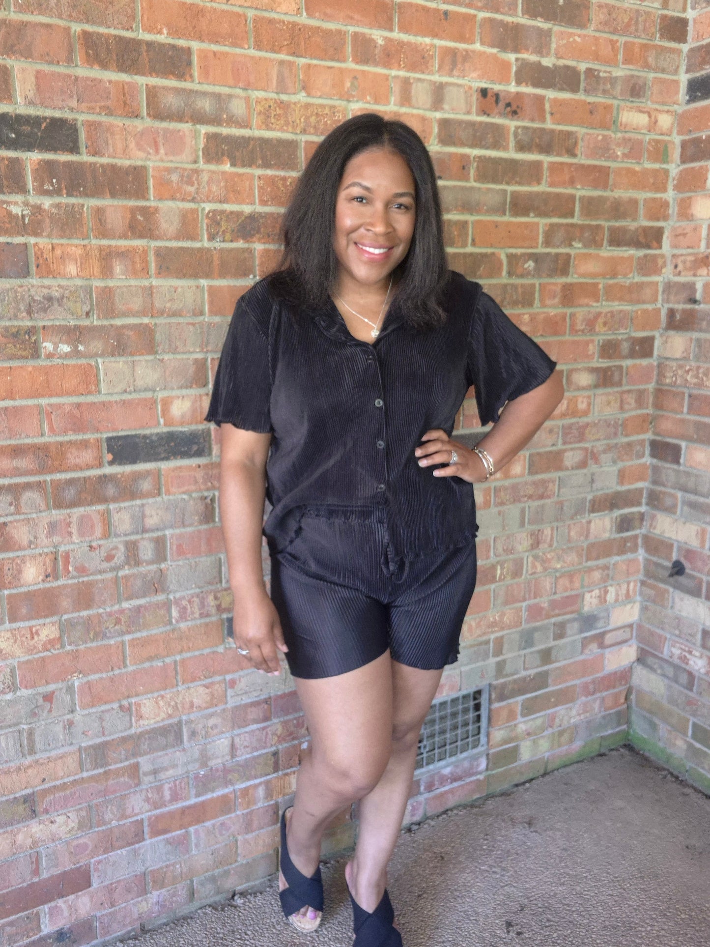 Trendy Crinkled Button-Up Short Sleeve Top and Shorts Set: BLACK