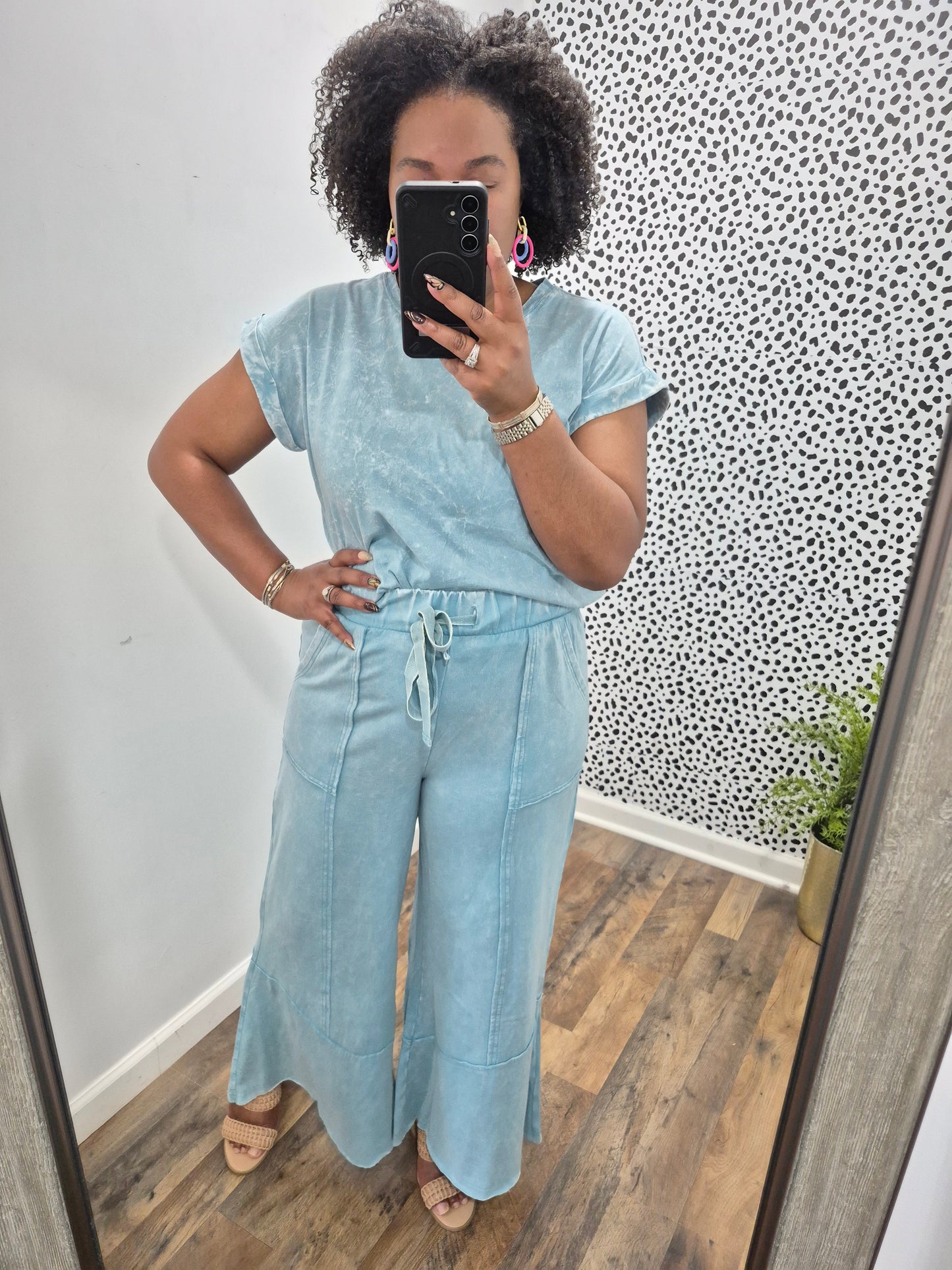 Teal Acid Wash Flare Set