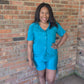 Trendy Crinkled Button-Up Short Sleeve Top and Shorts Set: PEACOCK BLUE
