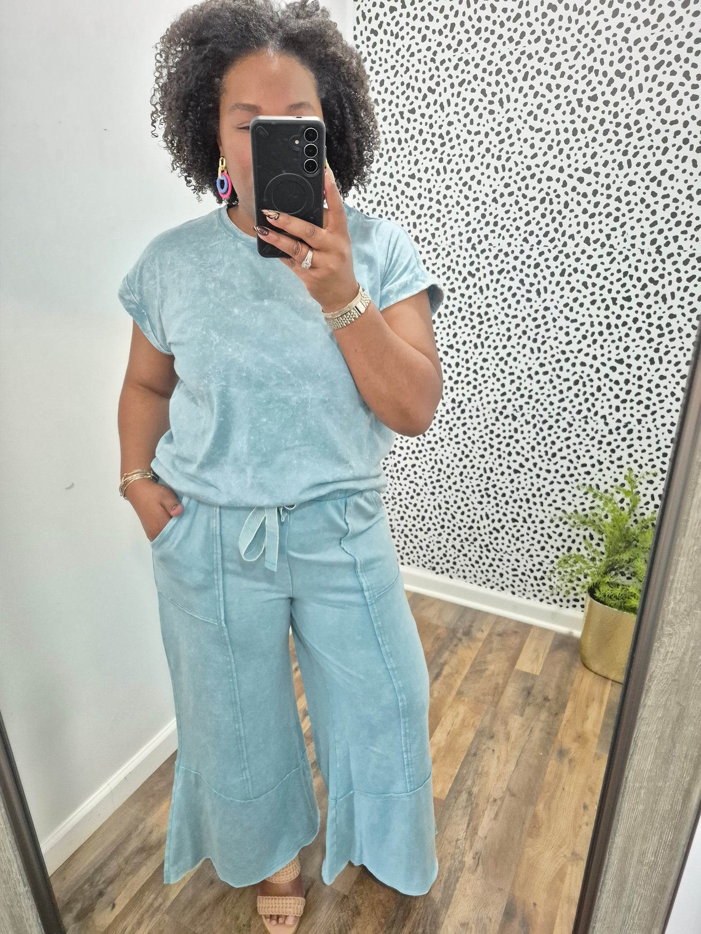 Teal Acid Wash Flare Set
