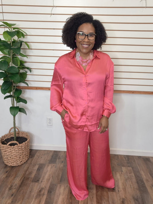 Pink Satin Pants Set