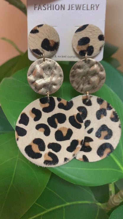 Leopard Disc Link Earrings Brown