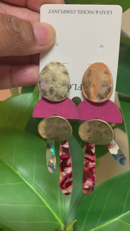 Acrylic Geometric Drop Earrings - Fuschia