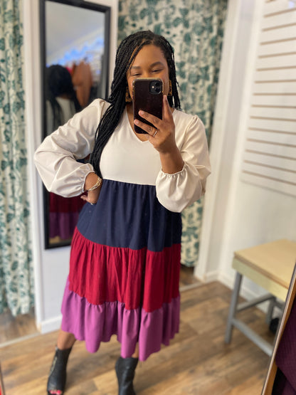 V Neck Color Block Bubble Dress