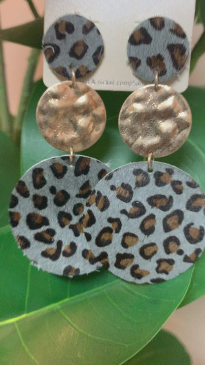 Leopard Disc Link Earrings Gray