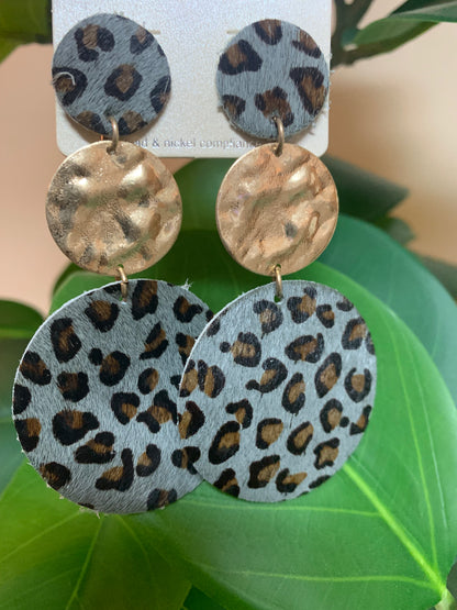 Leopard Disc Link Earrings Gray