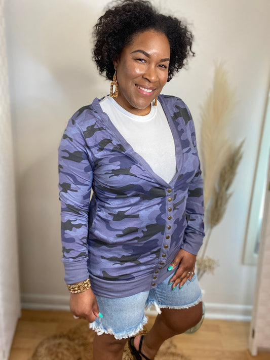 Blue Camo Snap Cardigan