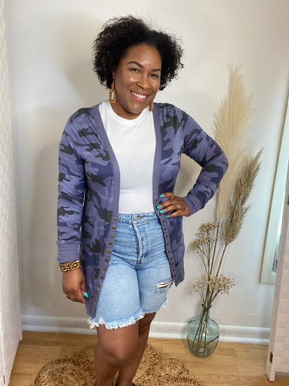 Blue Camo Snap Cardigan