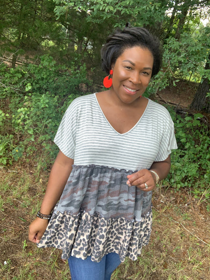 Camo Ruffle Stripe Leopard Top
