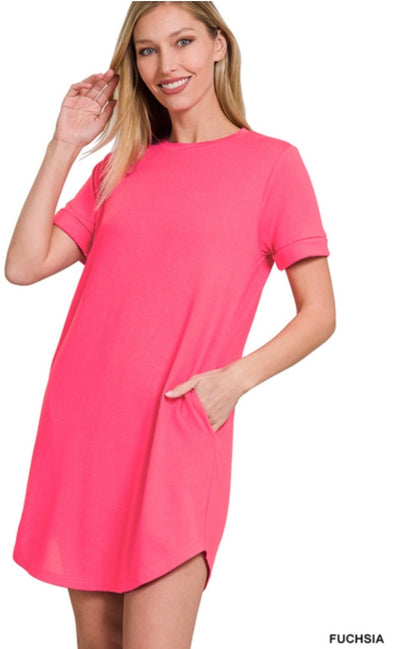 Fuchsia Rolled Sleeve Dress