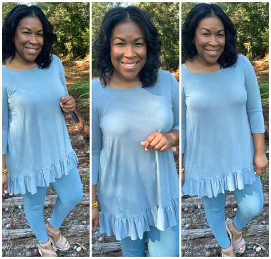Blue Gray Ruffle Tunic Set