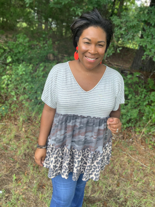 Camo Ruffle Stripe Leopard Top