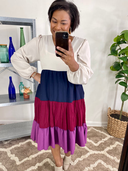 V Neck Color Block Bubble Dress