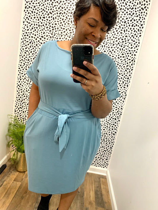 Blue Gray Belted Dress